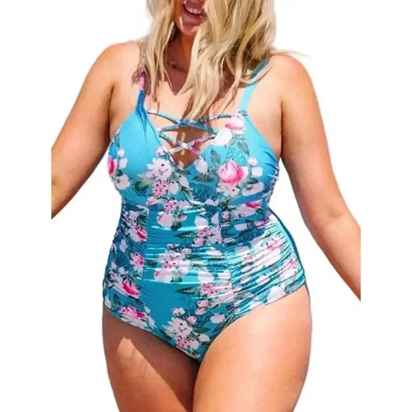 Cupshe Swimsuit Women's 0X Plus Floral Strappy V-Neck One-Piece Suit - Picture 3 of 9